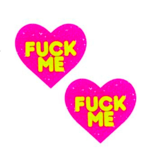 F*Ck Me Blacklight Neon Super Sparkle Nipple Cover Pasties Pink Glitter