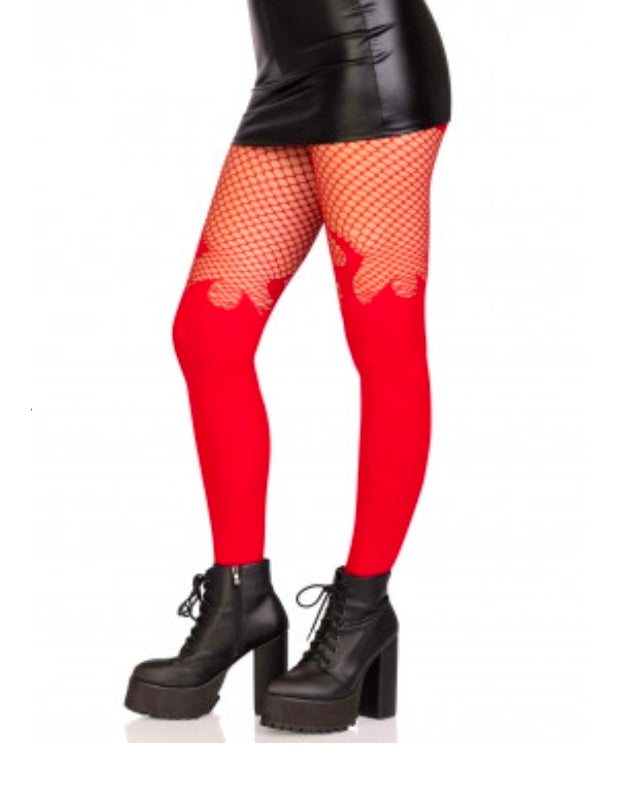 Opaque Flame Tights With Fishnet Top - One Size - Red