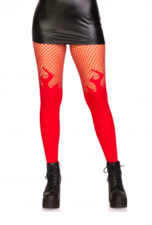 Opaque Flame Tights With Fishnet Top - One Size - Red