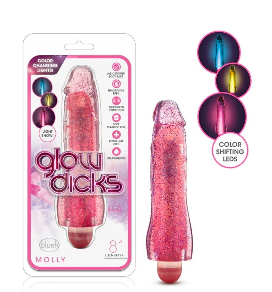 Glow Dicks Molly Color Changing 8 in. Vibrating Dildo Glitter-Pink or Purple