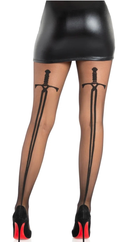 Spandex Sheer Sword Backseam Tights - Os - Black