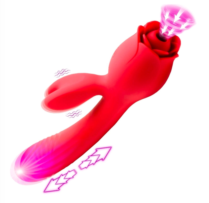 Blooming Bunny Sucking and Thrusting Silicone Rabbit Vibrator - Red