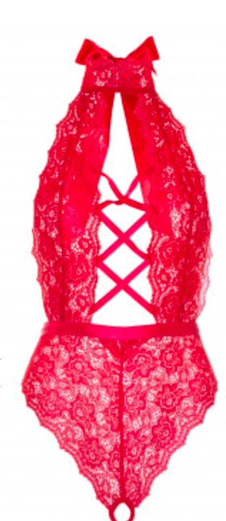 Floral Lace Crotchless Teddy - 1x/2x - Red