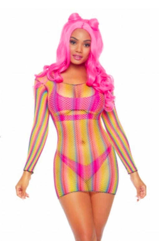Rainbow Fishnet Long Sleeved Mini Dress - One Size - Rainbow