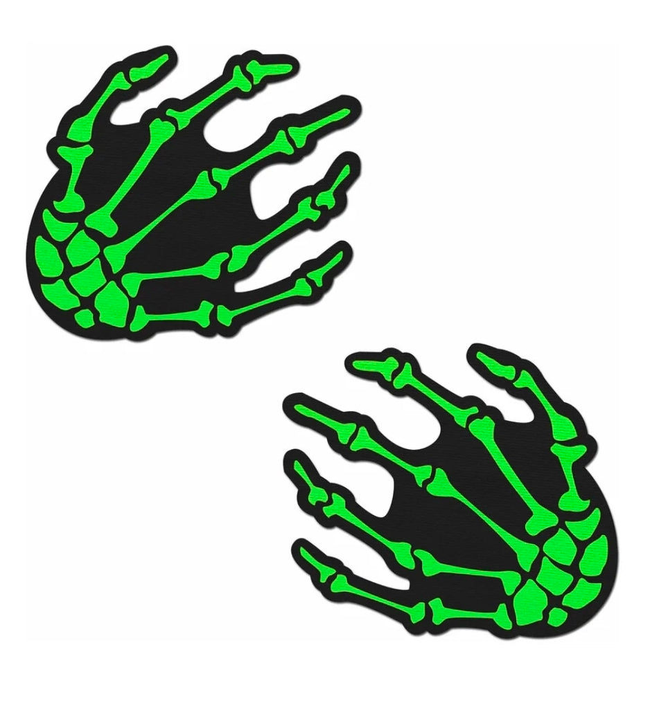 Pastease Zombie Neon Green/UV Reactive Boney Hands Nipple Pasties