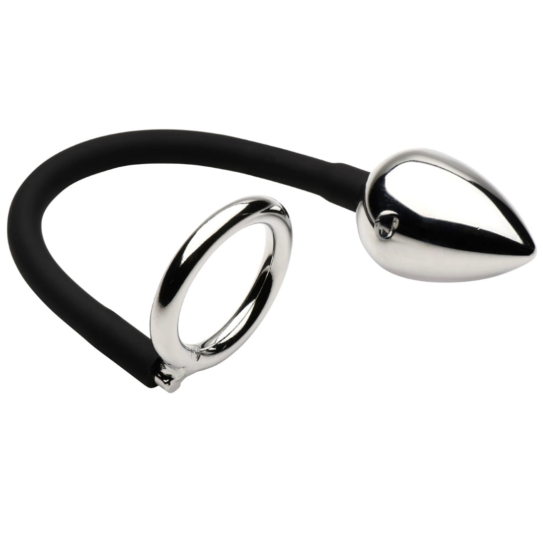 Tug Plus Plug Cock and Ball Ring With Anal Plug - Black
