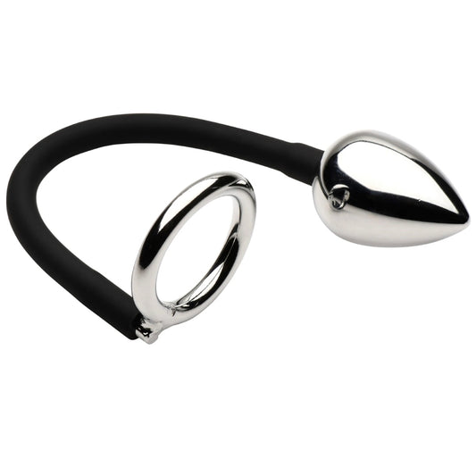 Tug Plus Plug Cock and Ball Ring With Anal Plug - Black