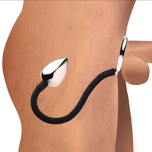 Tug Plus Plug Cock and Ball Ring With Anal Plug - Black