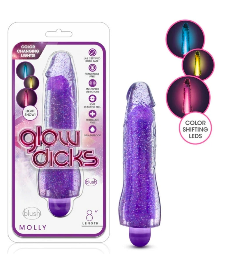 Glow Dicks Molly Color Changing 8 in. Vibrating Dildo Glitter-Pink or Purple