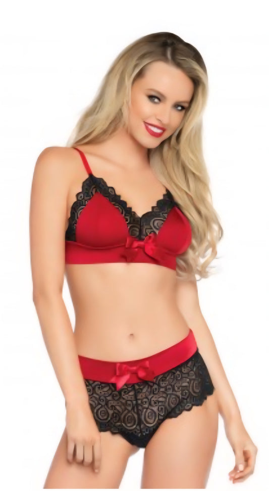 2 Pc. Lace Trimmed Spandex Bralette & Brazilian Back Boy Shorts - Small/ Medium - Red/ Black