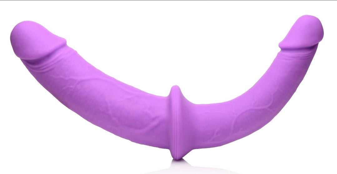 Double Charmer Silicone Double Dildo With Harness - Purple