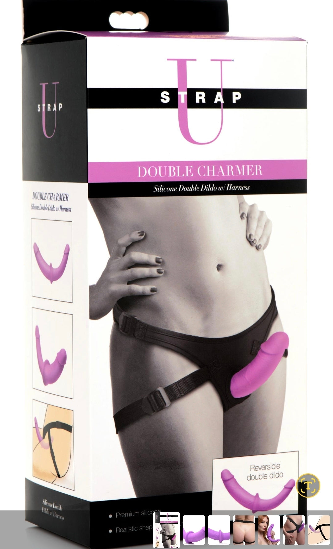 Double Charmer Silicone Double Dildo With Harness - Purple
