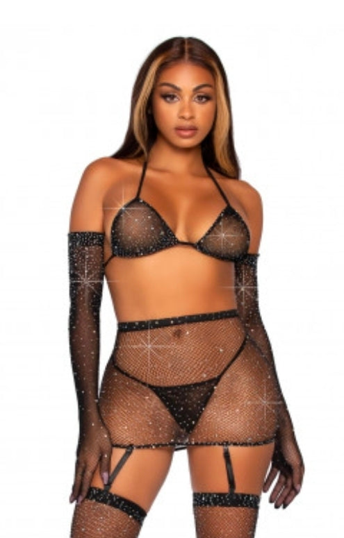5 Pc Rhinestone Bikini Top G-String Garter Skirt, Gloves and Stockings - One Size - Black